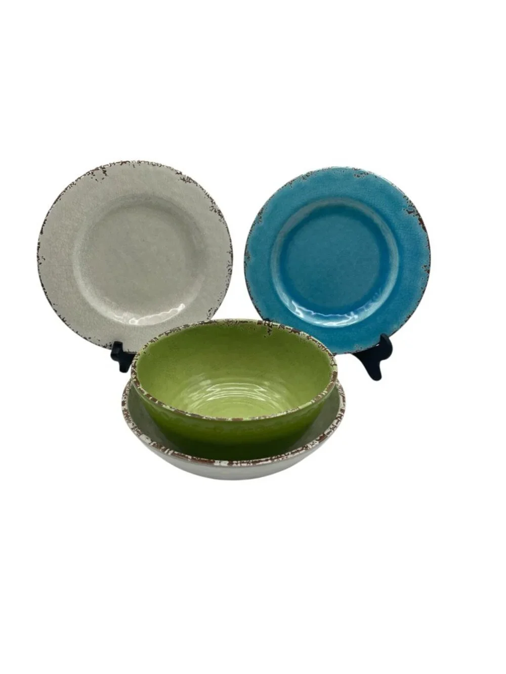 Williams Sonoma Rustic Outdoor Melamine Lot 2 Plates & 2 Bowls Ivory Blue Green